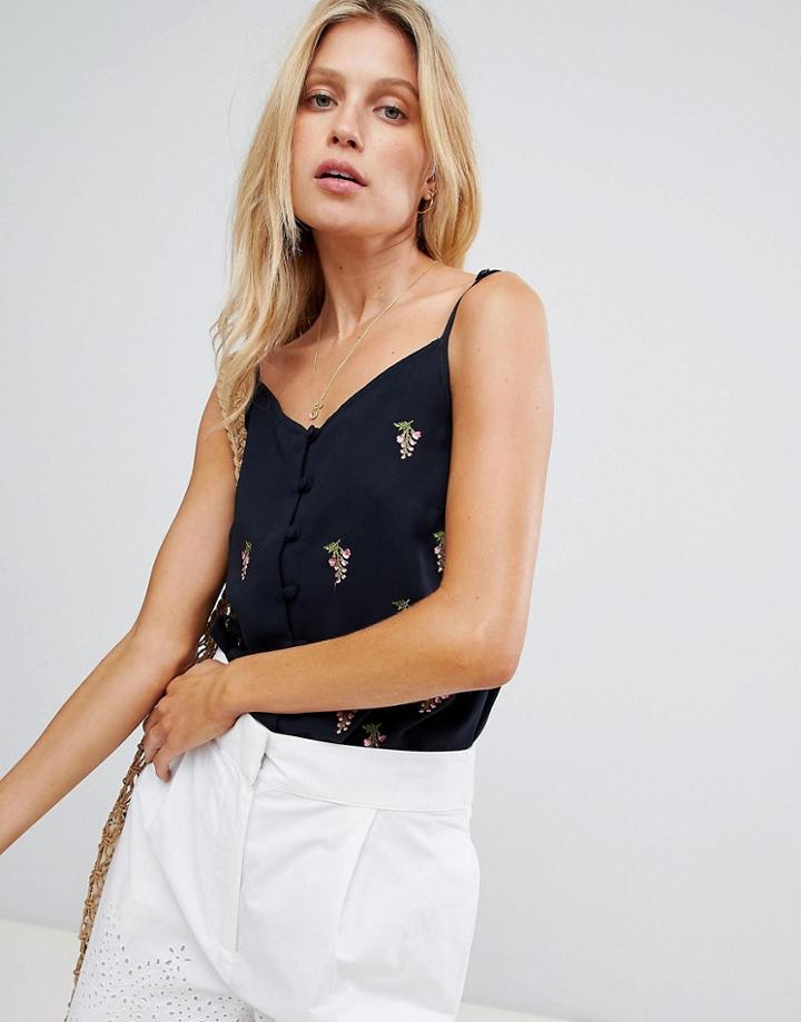 Warehouse Cami Top With Floral Embroidery Detail In Black - Black