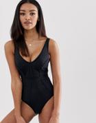 Asos Design Fuller Bust 'sculpt Me' Control Underwire Paneled Supportive Swimsuit In Black Dd-g - Black