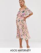 Asos Design Maternity Pleated Bandeau Midi Dress With Double Layer - Multi