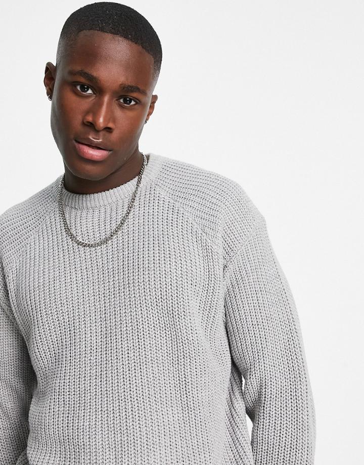 Threadbare Oversized Heavy Fisherman Knit Sweater In Light Gray-grey