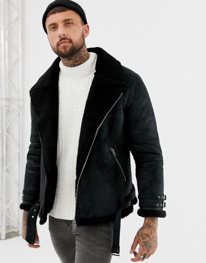 Asos Design Faux Shearling Biker Jacket With Fleece Lining - Black