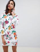 Asos Design Botanical Shift Mini Dress With Fluted Sleeves-multi