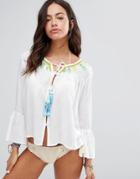 Anmol Peplum Beach Top With Embroidery And Tie - White