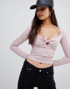 Asos Design Long Sleeve Top With Tie Front Detail - Pink