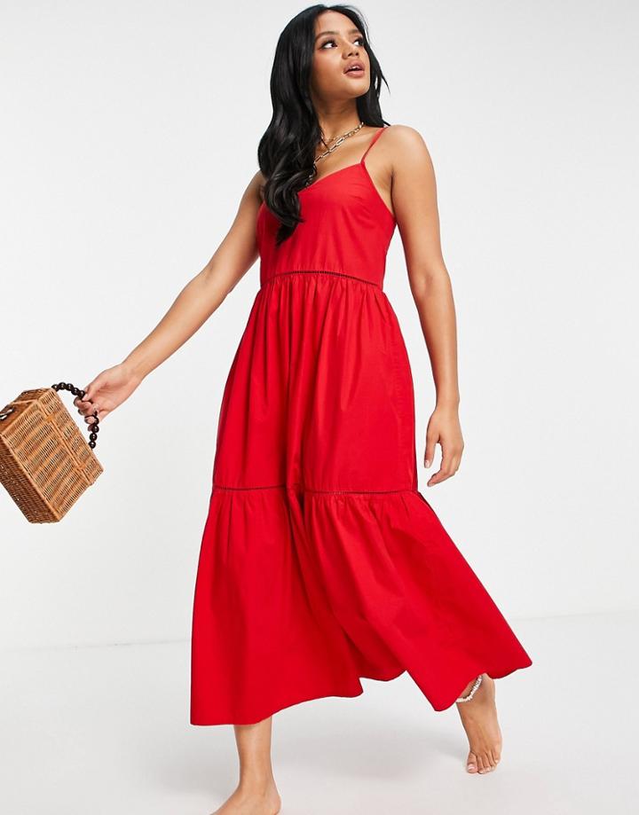 Accessorize Tiered Maxi Poplin Dress In Red