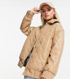 Asos Design Petite Faux Leather Quilted Bomber Jacket In Camel-neutral