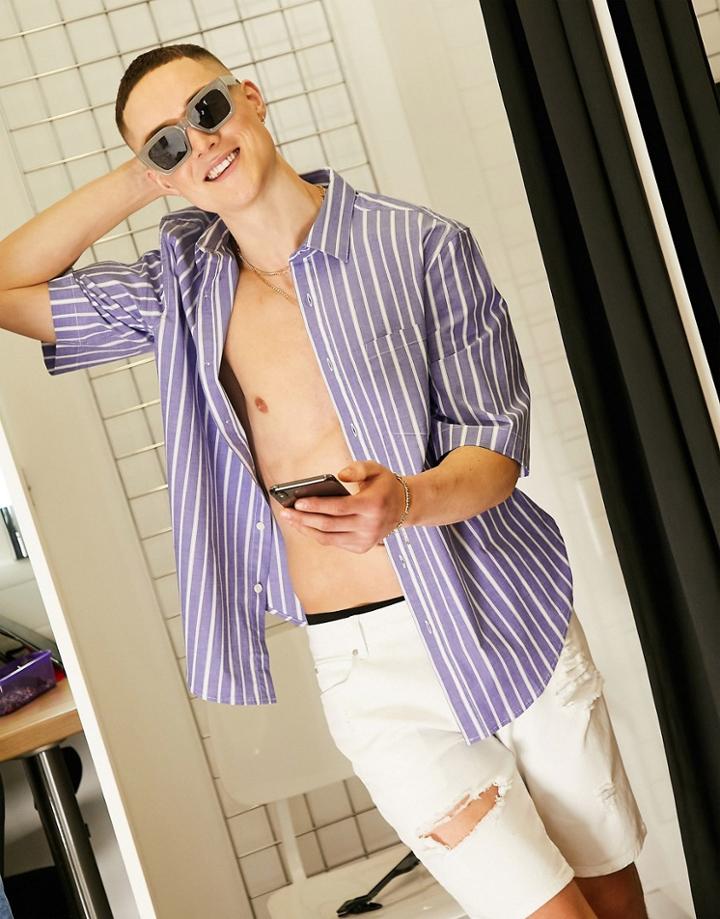 Asos Design Slim Fit Shirt In Blue & White Stripe With Short Sleeves-blues