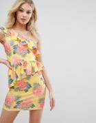 Missguided One Shoulder Tropical Print Bodycon Dress - Yellow