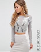 Asos Petite Night Top With High Neck In Shatter Embellishment - Gray