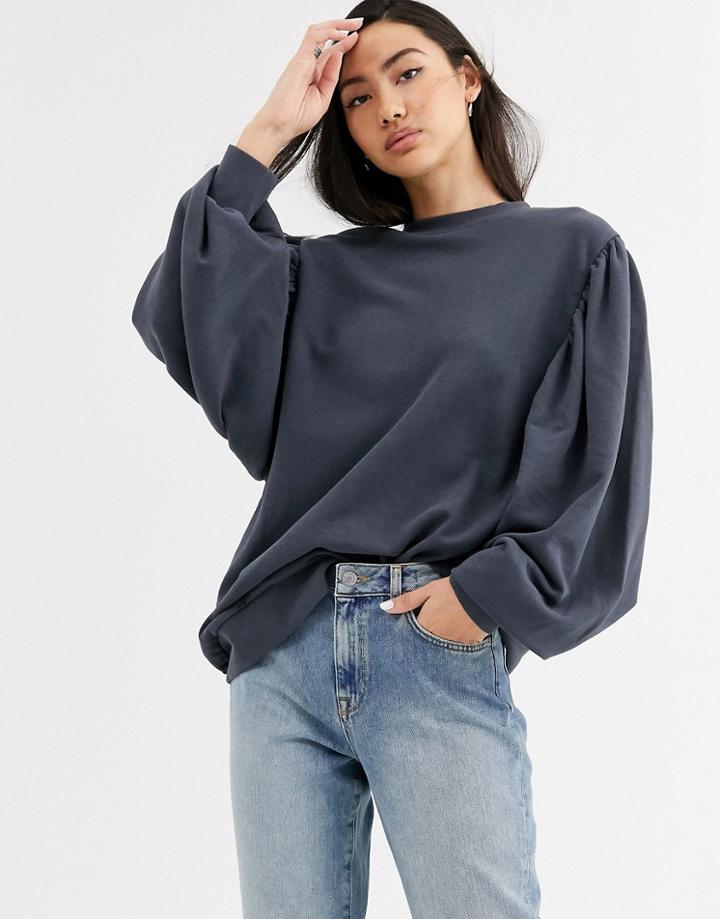 Weekday Charlee Balloon Sleeve Sweatshirt In Dark Gray