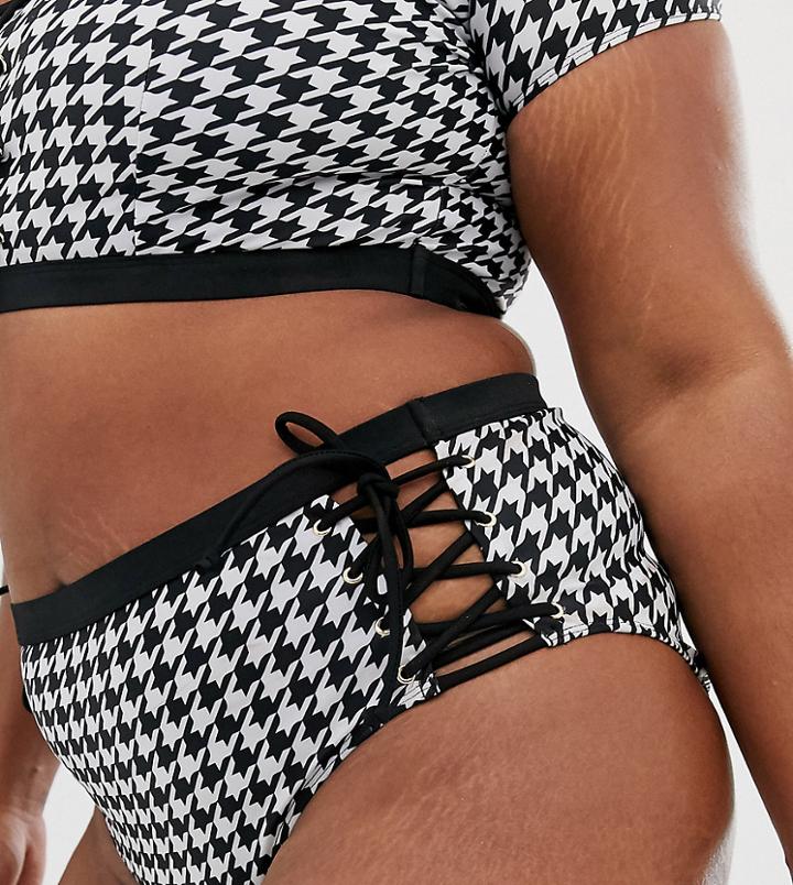 Wolf & Whistle Curve Exclusive Eco Lace Up Bikini Bottom In Houndstooth-black