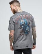 Asos Oversized T-shirt With Distressing And Skull Back Print - Gray