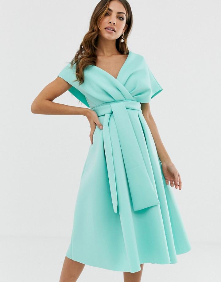 Asos Design Fallen Shoulder Prom Dress With Tie Detail - Blue