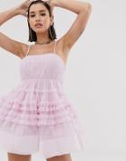 Lace & Beads Structured Tulle Mini Dress With Built In Bodysuit In Pastel Pink