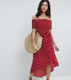 Parisian Tall Polka Dot Off Shoulder Maxi Dress - Red