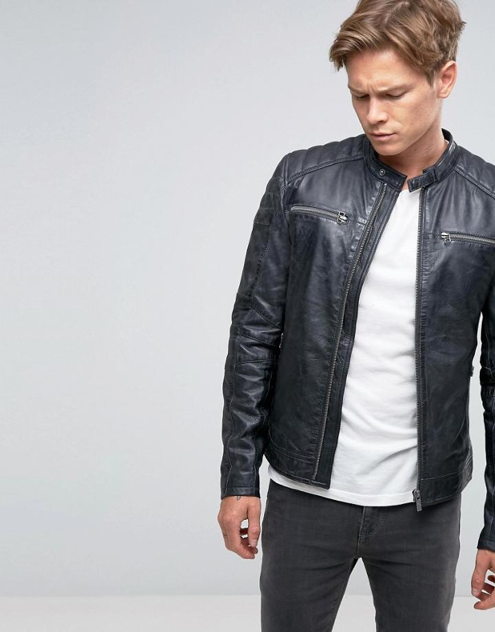 Goosecraft Leather Zip Biker Jacket In Black - Black