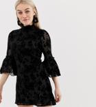 Parisian Petite High Neck Floral Lace Dress With Flare Sleeve-black