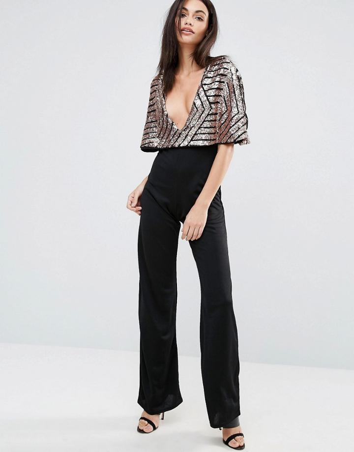 Club L Jumpsuit With Brocade Sequin Cape - Black