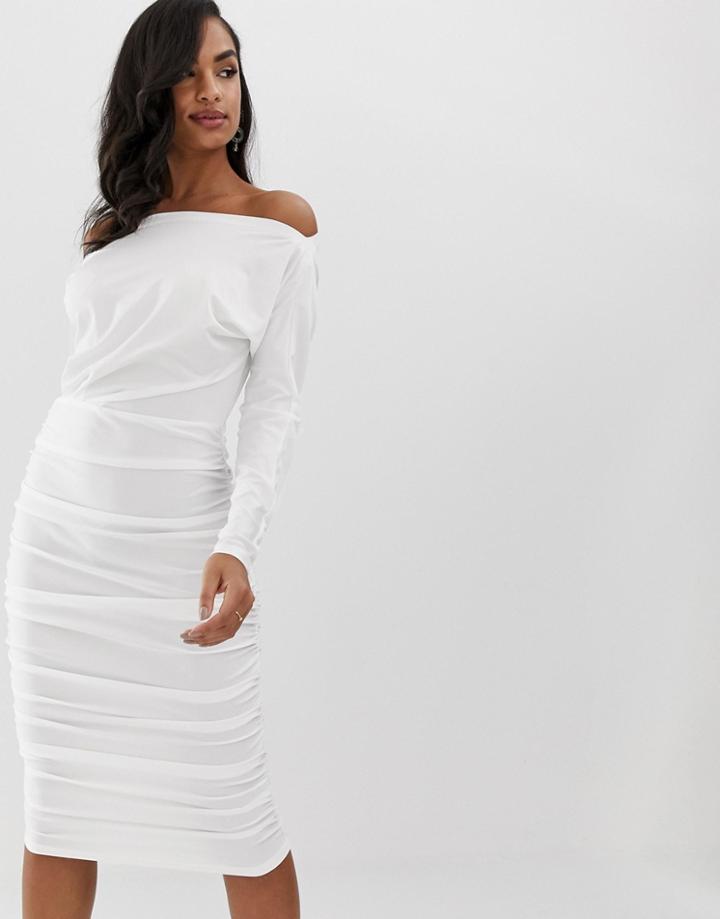 Scarlet Rocks Jersey Midi Dress With Long Sleeves In White - White