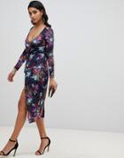 Asos Design Long Sleeve Textured Wrap Midi Dress In Geo Floral Print-multi