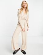 Asos Design Brushed Rib Wrap Cozy Jumpsuit In Stone-neutral