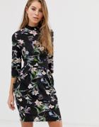 Qed London High Neck Tulip Dress In Floral Print-black
