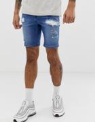 Asos Design Spray On Denim Shorts In Power Stretch Mid Wash Blue With Heavy Rips - Blue