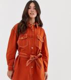 Missguided Denim Shirt Dress With Contrast Stitch And Tie Waist In Rust - Red