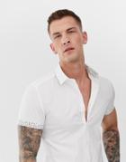 Asos Design Skinny Fit Shirt With Spot Sleeve Turnups In White - White