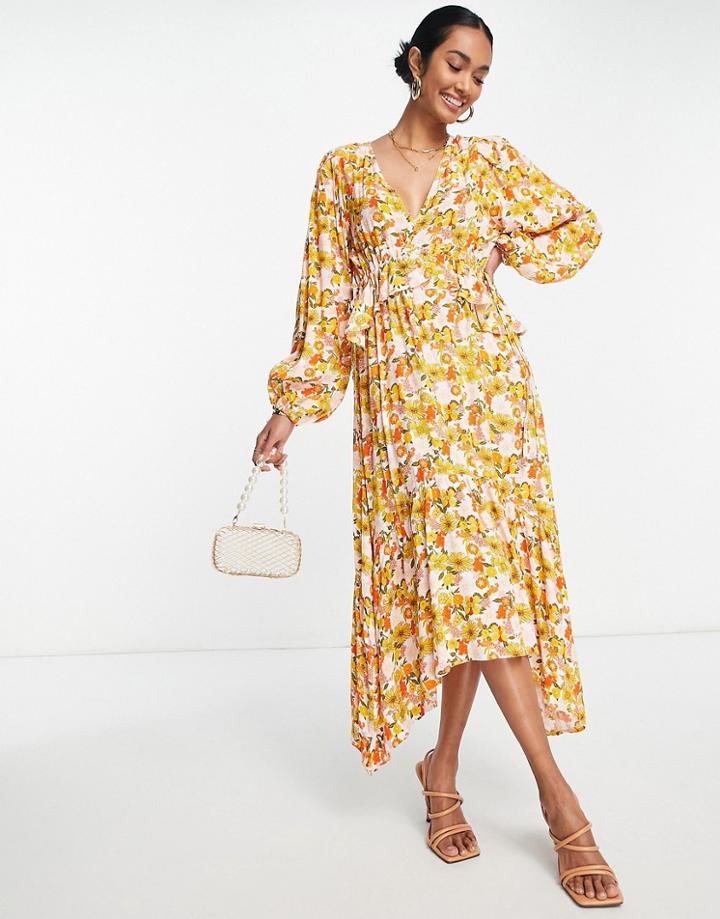 Y.a.s Tie Back Hanky Hem Midi Dress In Yellow 70s Floral