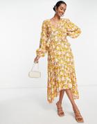 Y.a.s Tie Back Hanky Hem Midi Dress In Yellow 70s Floral