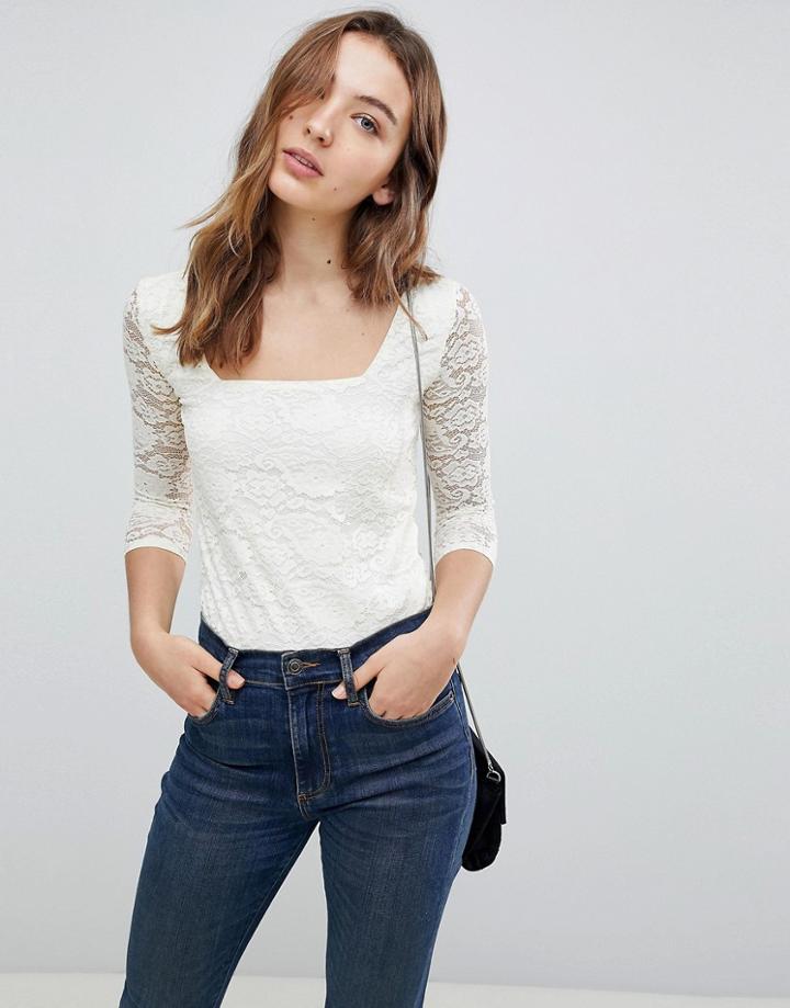 Qed London 3/4 Sleeve Lace Top - Cream