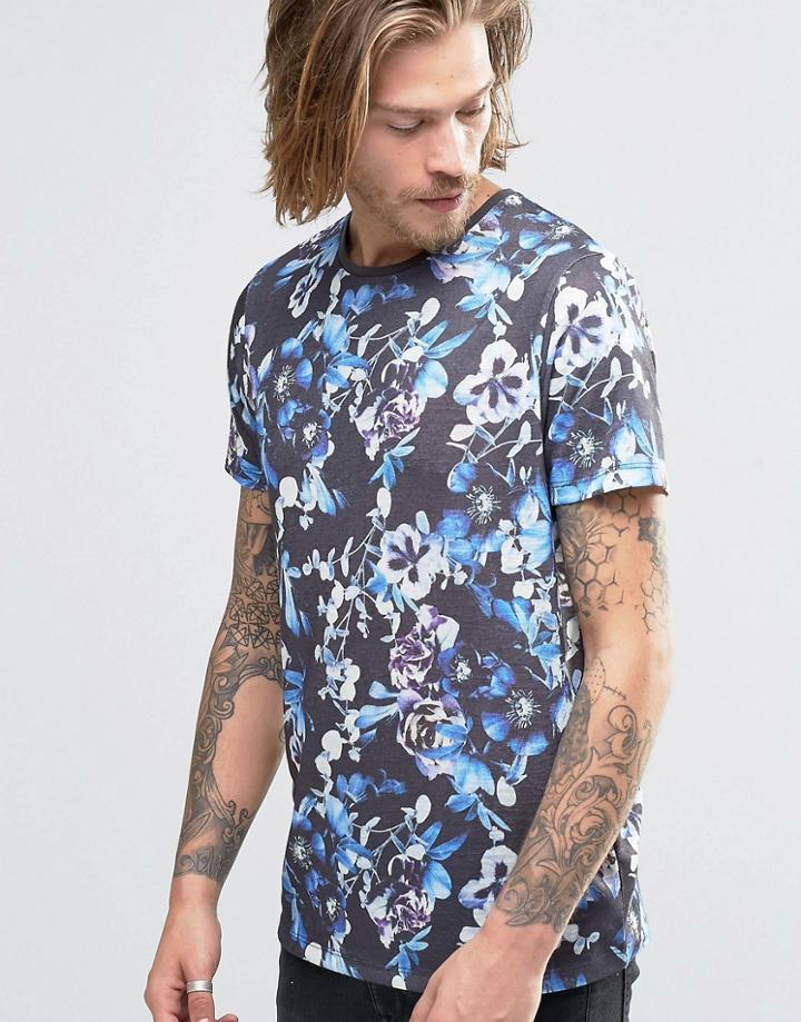 Asos T-shirt With Dark Floral Print On Linen Look Fabric - Black