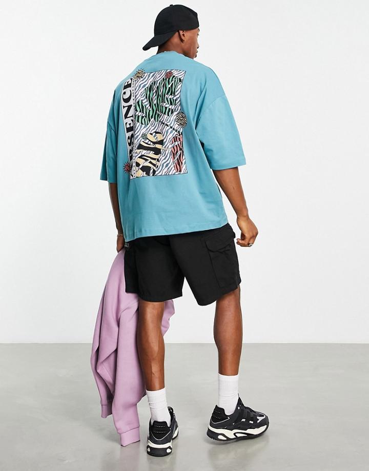 Asos Design Oversized T-shirt In Turquoise With Abstract Back Print-blue