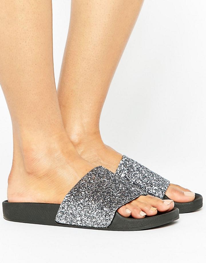 Thewhitebrand Black Glitter Slider Flat Sandals - Black