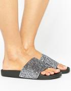 Thewhitebrand Black Glitter Slider Flat Sandals - Black