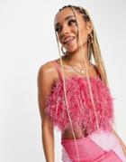 Asos Design Faux Feather Crop Cami In Bright Pink-multi