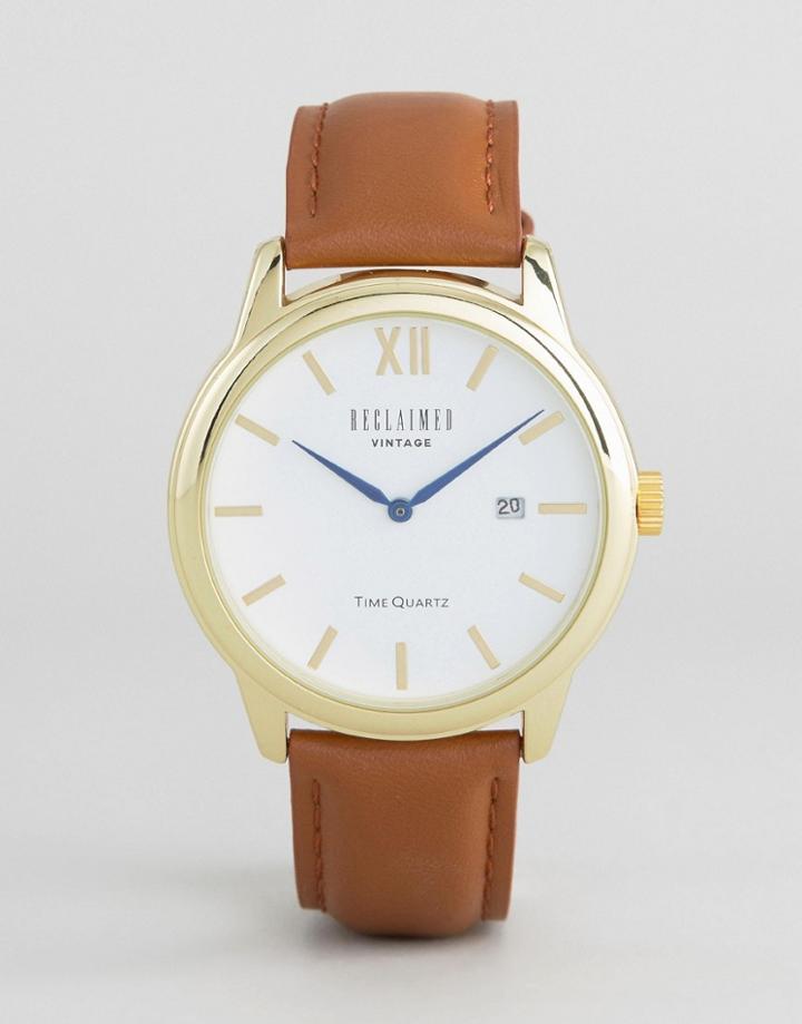 Reclaimed Vintage Inspired Date Leather Watch In Brown/gold - Brown