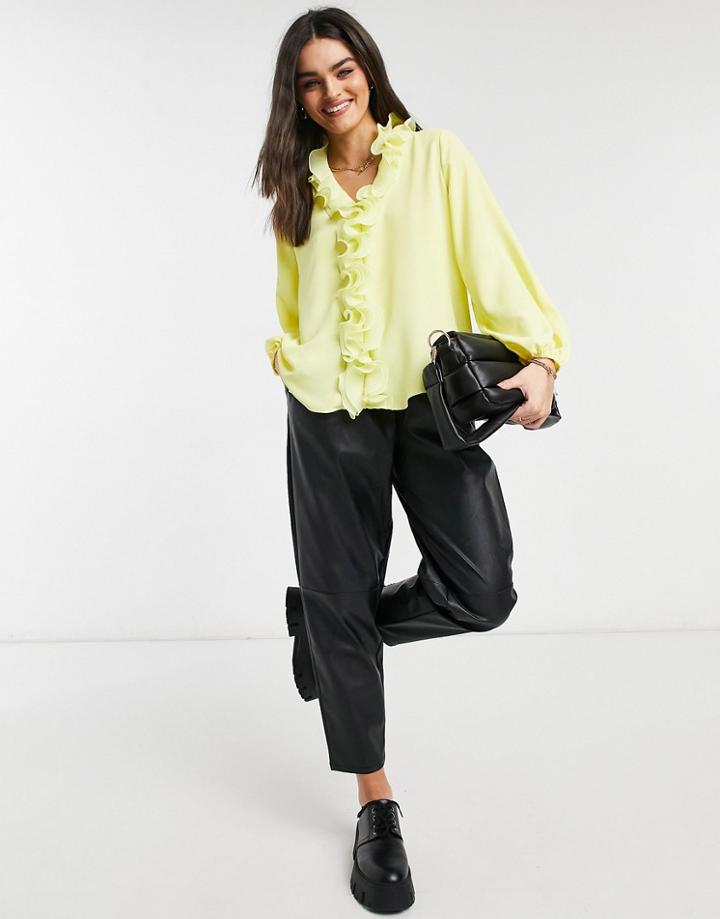 River Island Ruffle Balloon Sleeve Blouse In Yellow