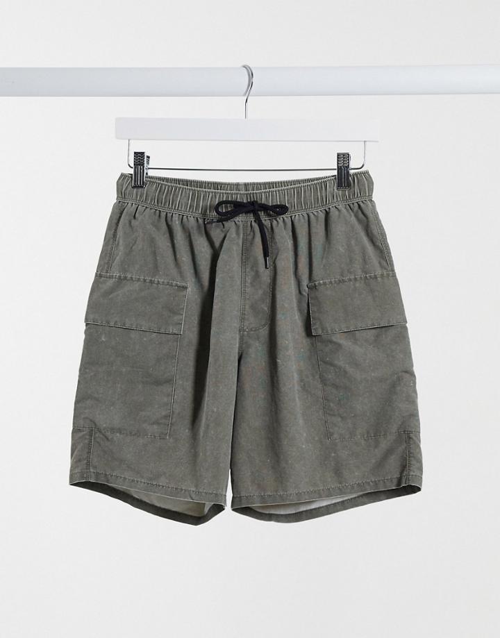 Asos Design Swim Shorts With Cargo Pockets In Khaki Acid Wash-green