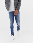 Asos Design 12.5oz Super Skinny Jeans In Mid Wash Blue With Knee Rip
