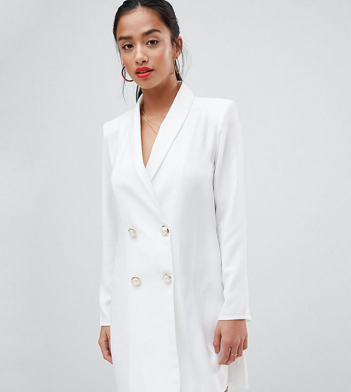 Asos Design Petite Mini Tux Dress With Pearl Buttons - White