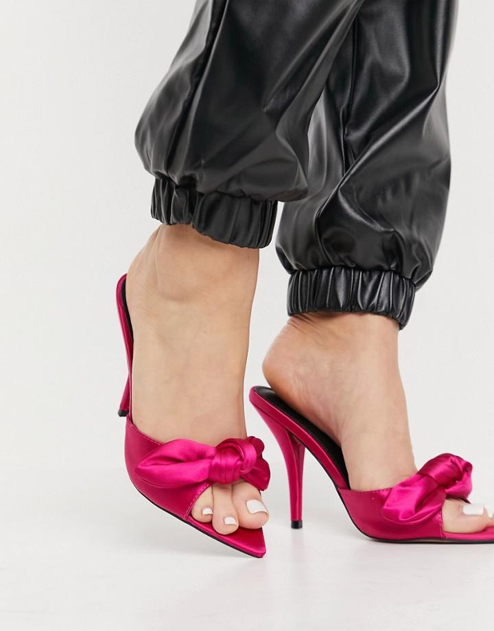 Asos Design Nester Bow Mules Sandals On Pointed Insole Magenta Satin-pink