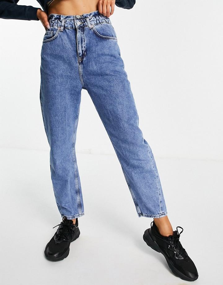 Mango Double Button Elasticized Waist Mom Jeans In Blue-blues