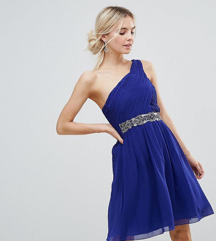 Little Mistress Petite 3/4 Sleeve Skater Dress With Lace Upper - Blue