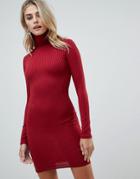 Prettylittlething Roll Neck Long Sleeve Bodycon Mini Dress In Red - Red