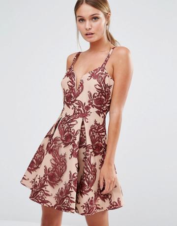 Stylestalker Plunge Neck Allover Print Dress With Full Skirt - Multi