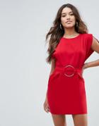 Asos Split Cap Sleeve Mini Dress With Modern Ring Belt - Red