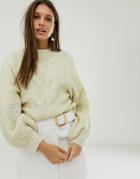 Asos Design Cable Sweater In Lofty Yarn With Volume Sleeve-cream