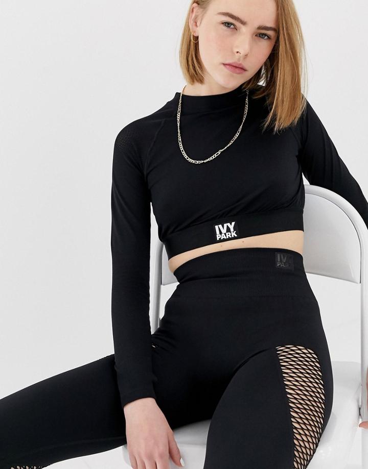 Ivy Park Active Long Sleeve Mesh Panel Crop Top In Black - Black